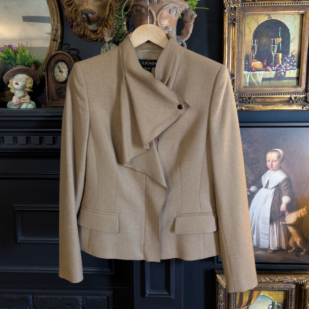Escada Virgin Wool Angora Draped Collar Jacket Camel Tan Size 38